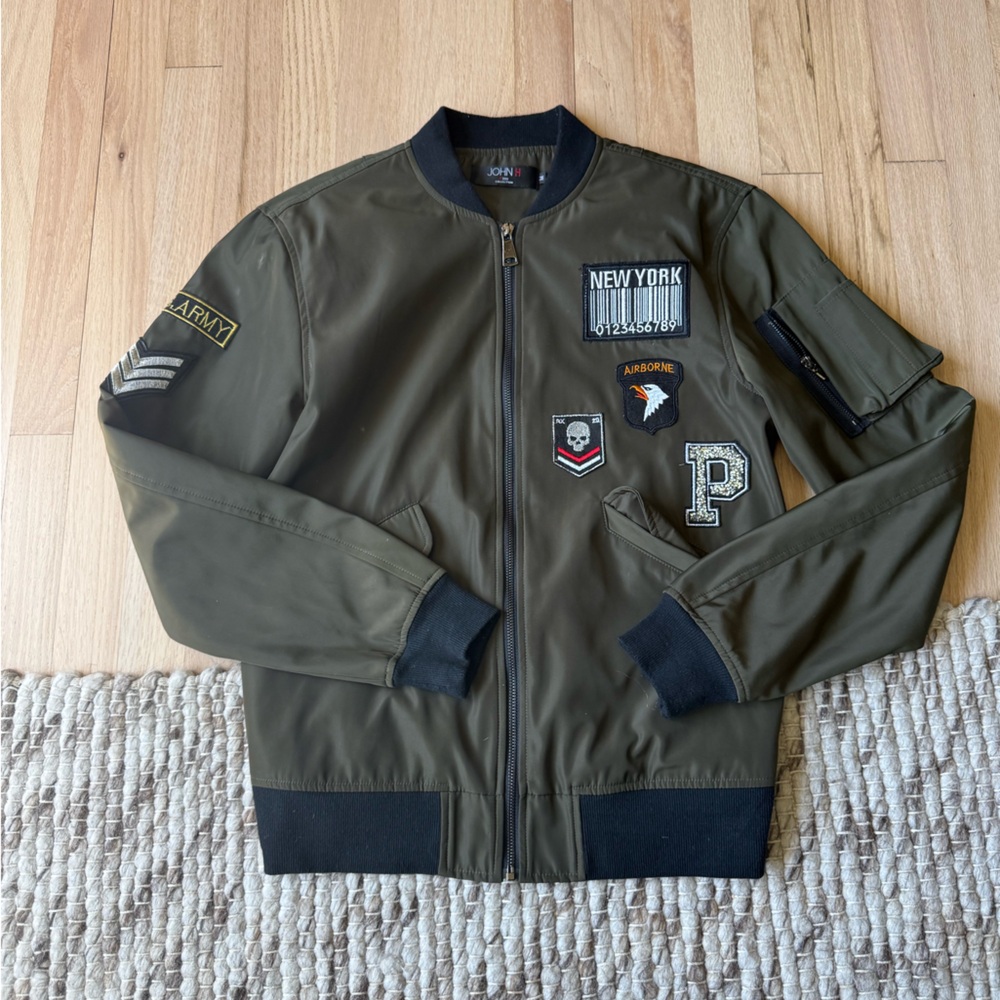 Men's Olive Bomber Jacket with Patches